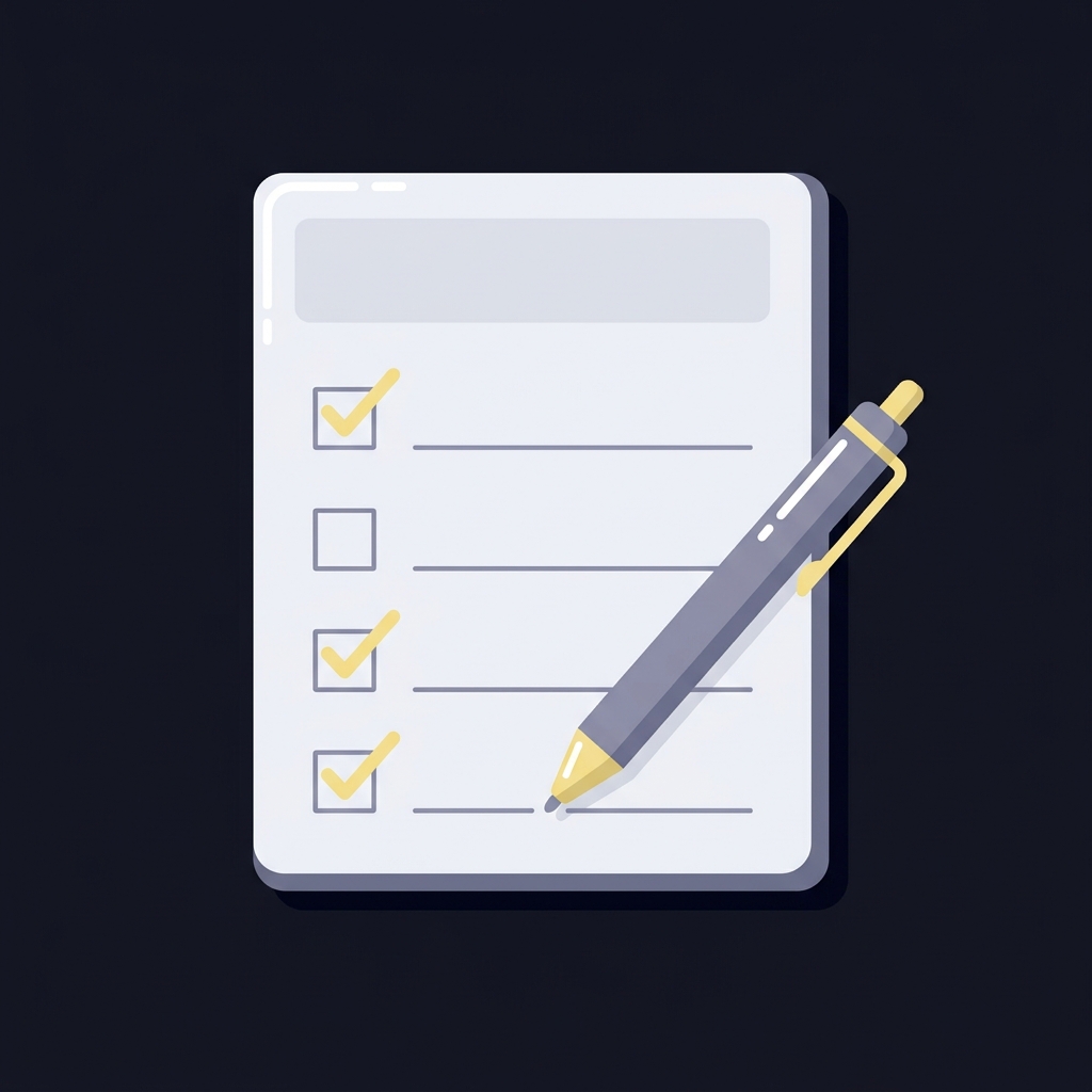 Minimalist 2D vector checklist on paper with four checkbox items and a pen in Funded Plays dark style with accent yellow checks circa sportsbook promo