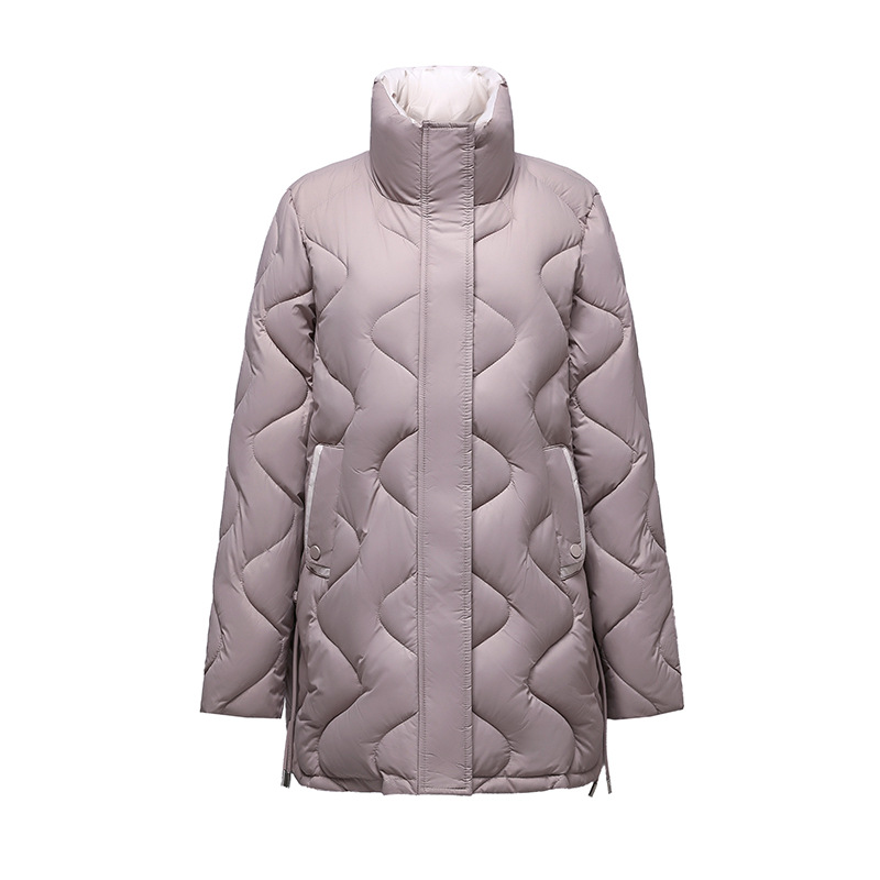 Long women's winter jacket with stand collar