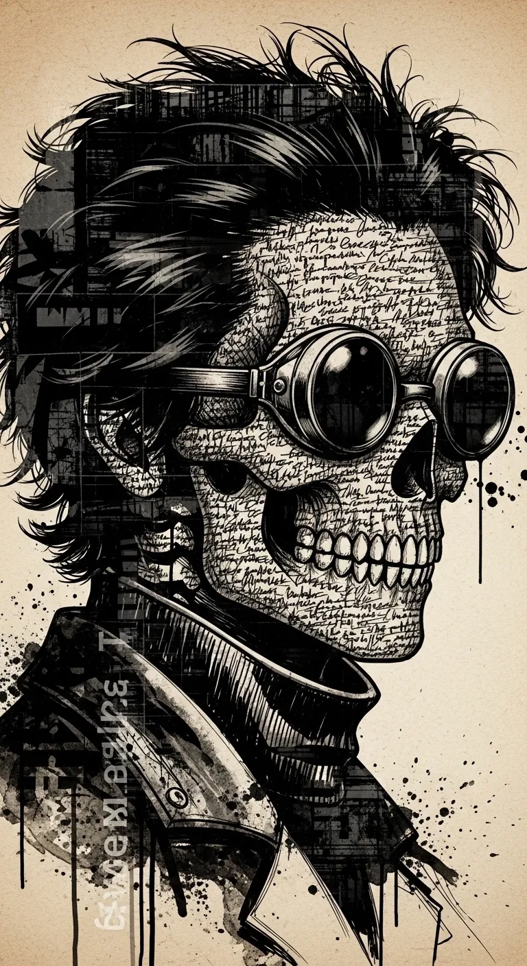 Mixed Media Grunge Portrait of a Skull Face Character with Goggles - Free 4K mobile Wallpaper