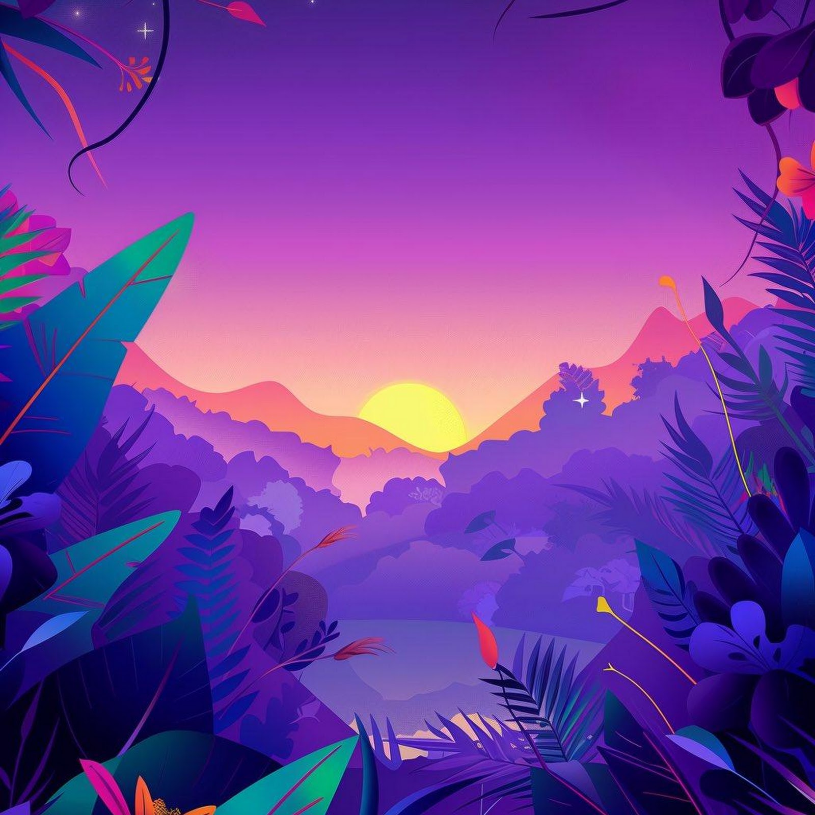 Download Tropical Illustration, Jungle Art, Sunrise Landscape, Nature Scenery iPhone