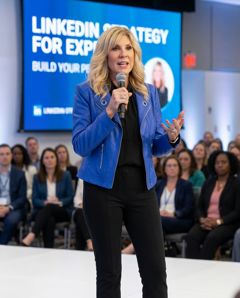 Rhonda Sher delivering a LinkedIn keynote on stage