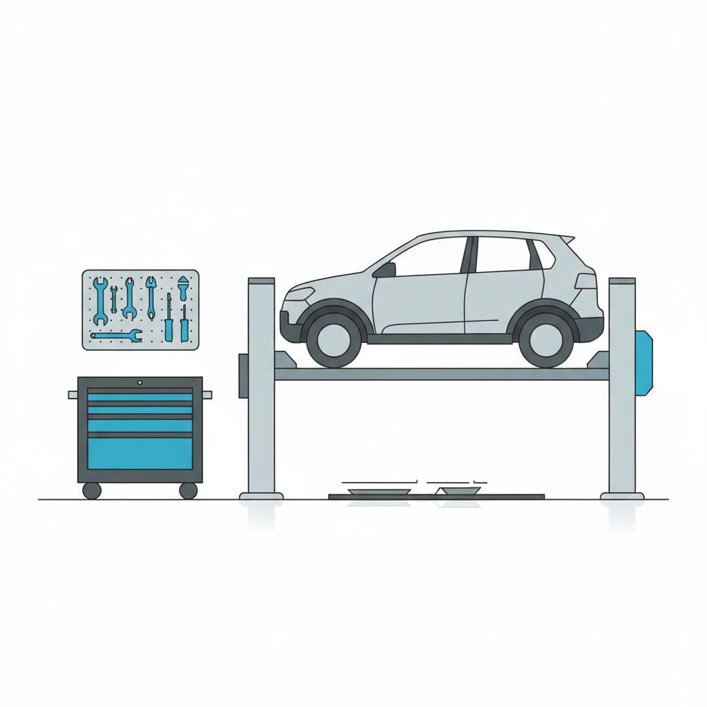 Hyundai vs Kia comparison vector illustration of a clean service bay with a compact SUV on a lift neat tool chest accented in blue conveying maintenance reliability