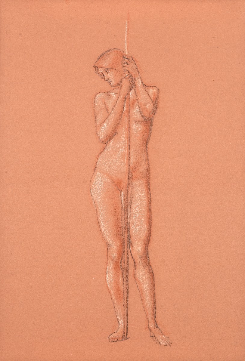 Nude study for attendant figure holding a spear in The Sleep of Arthur in Avalon