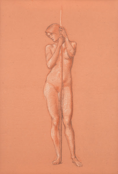Nude study for attendant figure holding a spear in The Sleep of Arthur in Avalon
