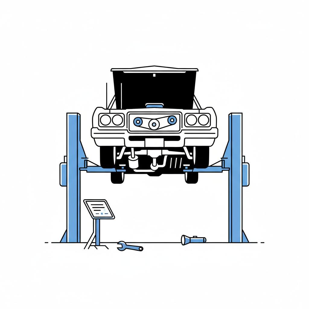 Minimalist 2D vector of an older sedan on a lift showing exposed underbody and engine belts next to a diagnostic tablet suggesting a pre purchase inspection used cars near me under 10000