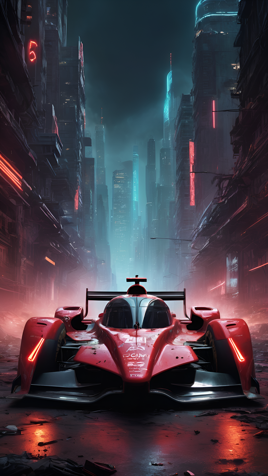 Red Race Car in Foggy Neon Cyberpunk Alley - Free 4K mobile Wallpaper
