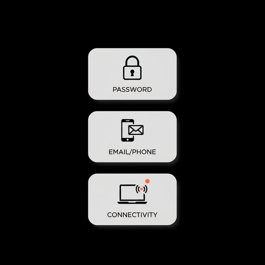 Minimal vector infographic with three stacked recovery icons (password, phone/email, laptop with Wi‑Fi) for Gmail account recovery info on black background.