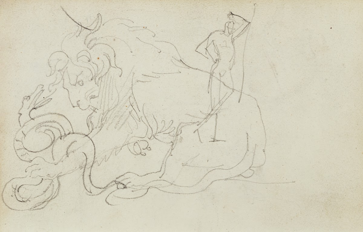 Lion attacking a snake over nude figure study 18121814