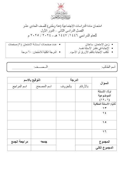تجميع امتحانات نهائية 2024-2025 - هذا وطني الصف 11 الفصل 2