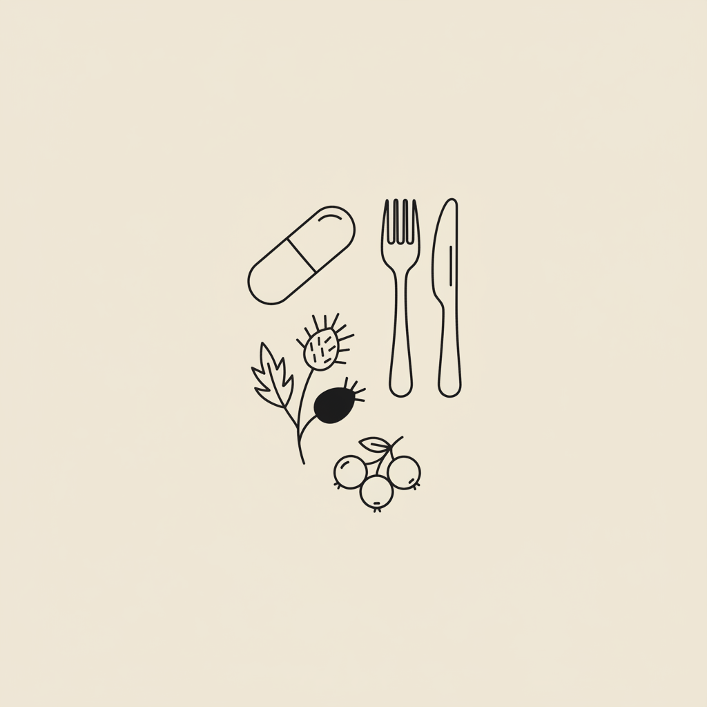 Minimalist Tonum-style vector line illustration of a capsule, fork and knife, milk thistle sprig and berries clustered on beige background for quick weight loss.