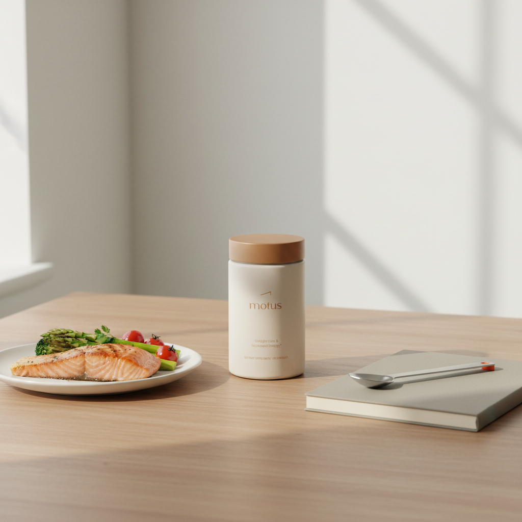 Tidy wooden table with Motus supplement jar beside a notebook, measured spoon and small plate of grilled salmon and vegetables in natural daylight — how do men lose weight so fast