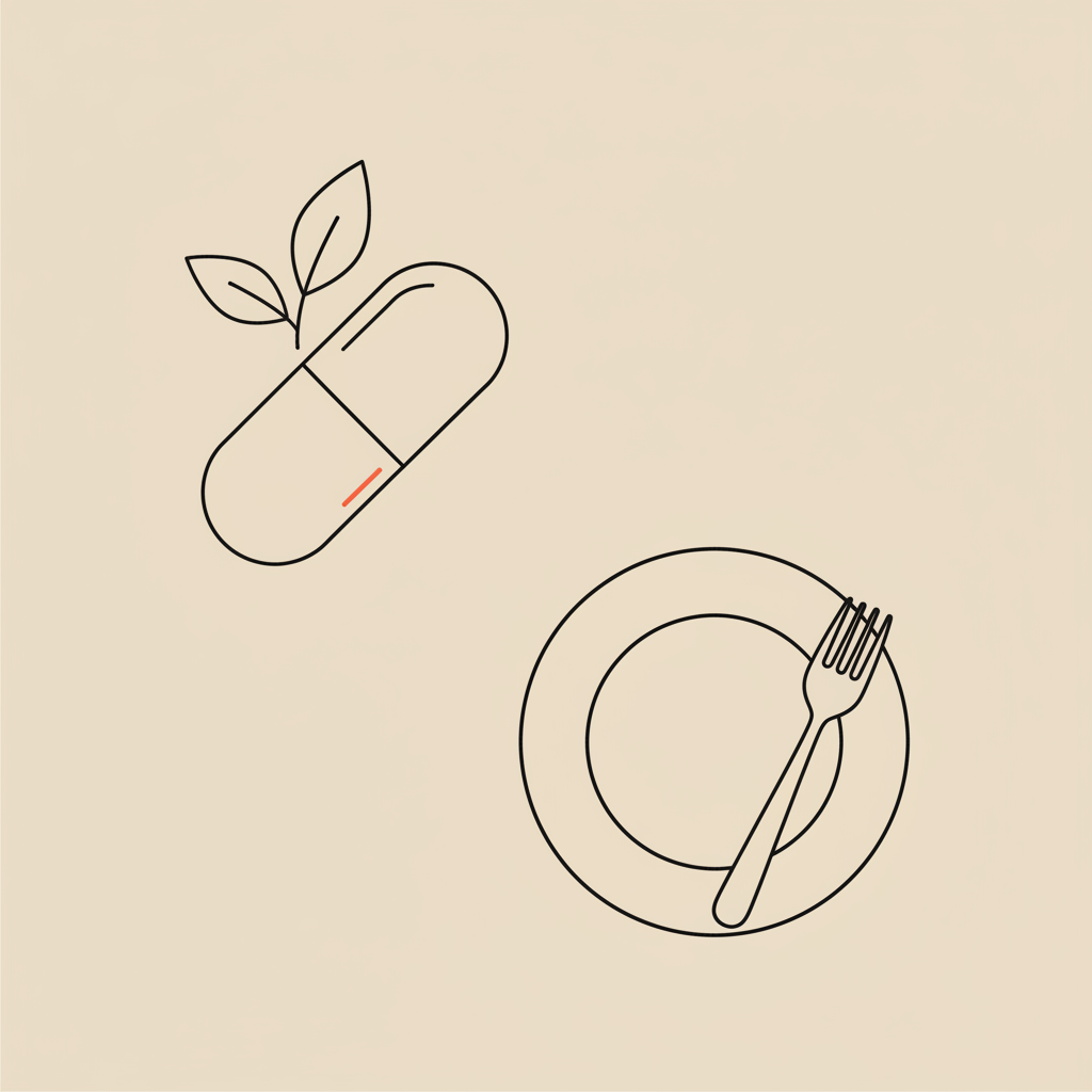 Minimal Tonum-style line illustration of a capsule, small leaf and plate with fork on beige background — does l-lysine make you lose weight