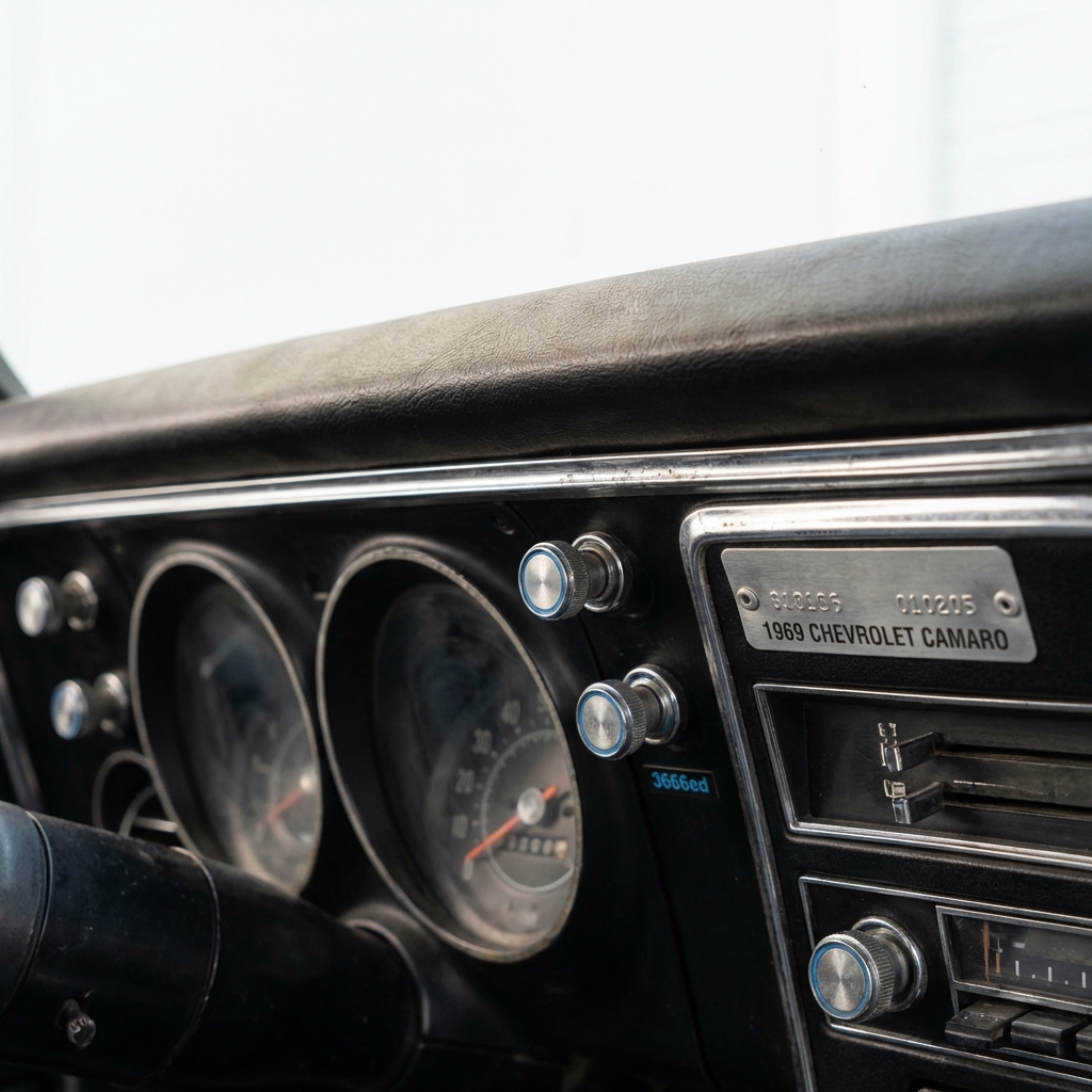 Close up of 1969 Camaro dashboard and VIN plate showing period patina and details ideal for camaros for sale listing white minimalist background 3666ed accents