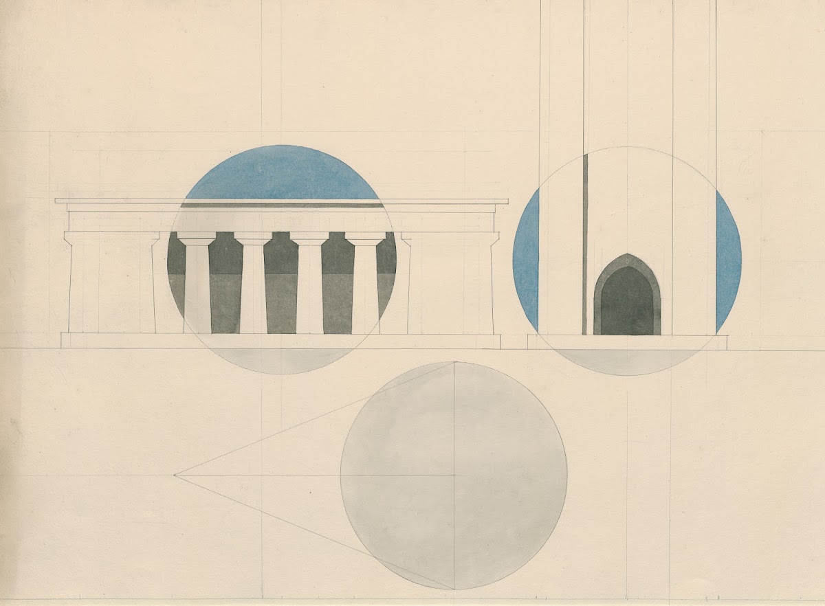 Study on perspective circle projected on a peristyle and the portal of a church