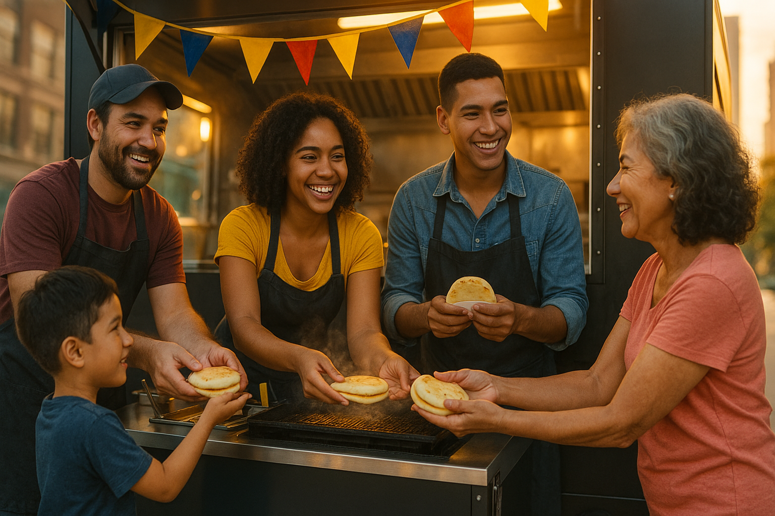 Venezolanos atendiendo un food truck de arepas en una ciudad internacional al amanecer