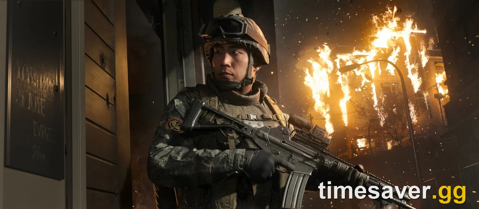 Modern Warfare 4 campaign screenshot showing a soldier during a mission with a building ablaze in the background