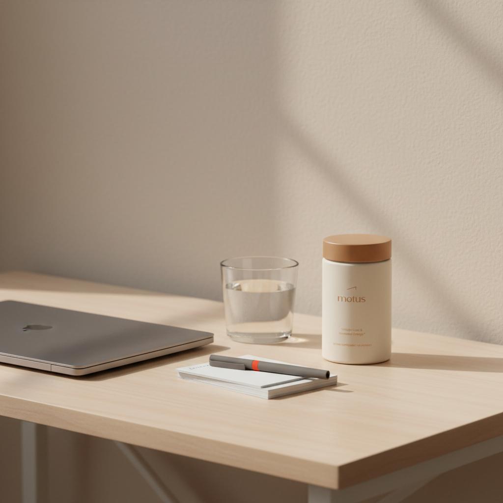 Minimalist study corner with Tonum supplement jar beside a closed laptop, index cards, and a glass of water on a beige background for memory supplements.
