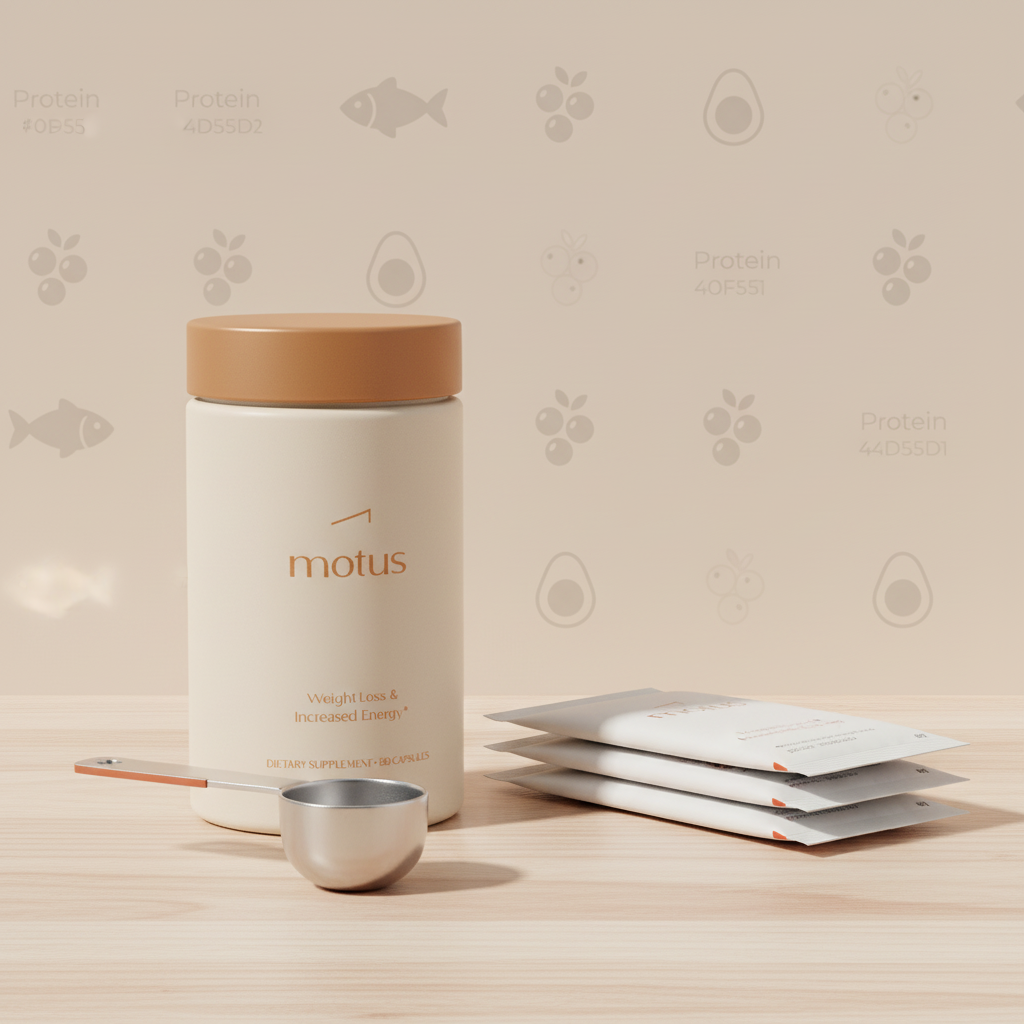 Tonum Motus supplement container with measuring scoop and protein powder sample packets on light wood, minimalist background and icons – best protein powder for a calorie deficit