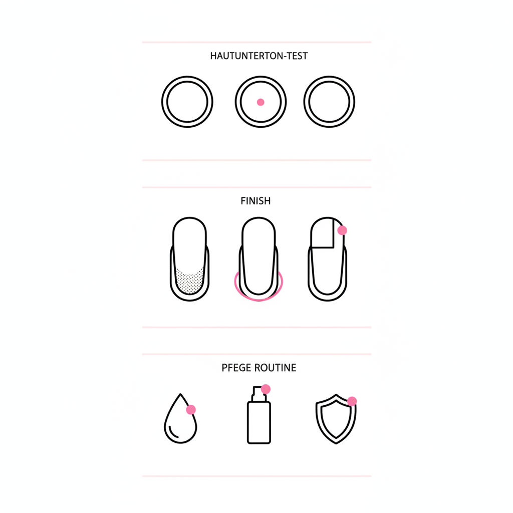 Minimalistische 2D-Vektorinfografik zu Nagellackfarbe für Frauen ab 50 mit Hautunterton-, Finish- und Pflege-Icons in NailX-Farben