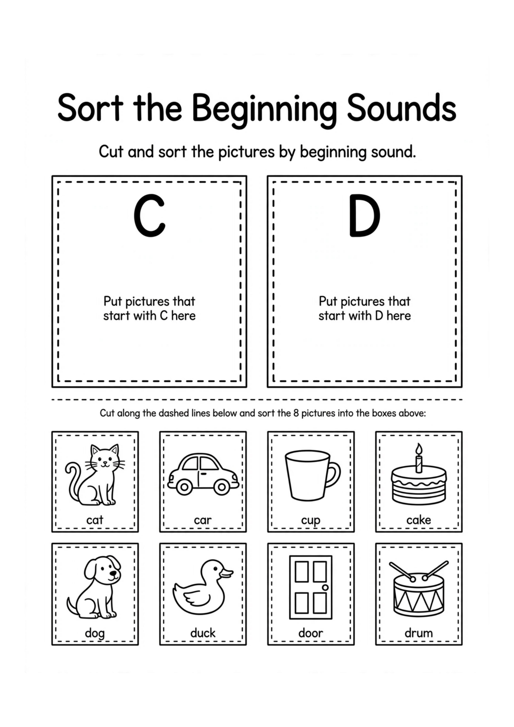 Beginning Sounds Two-Way Sort Worksheet