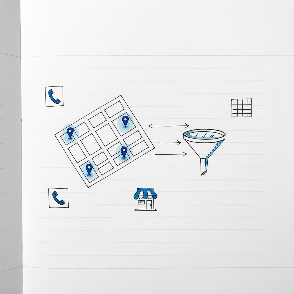 Notebook-style sketched neighborhood map with blue pins and arrows into a funnel icon representing cost per landscaping lead; small phone, form and marketplace icons