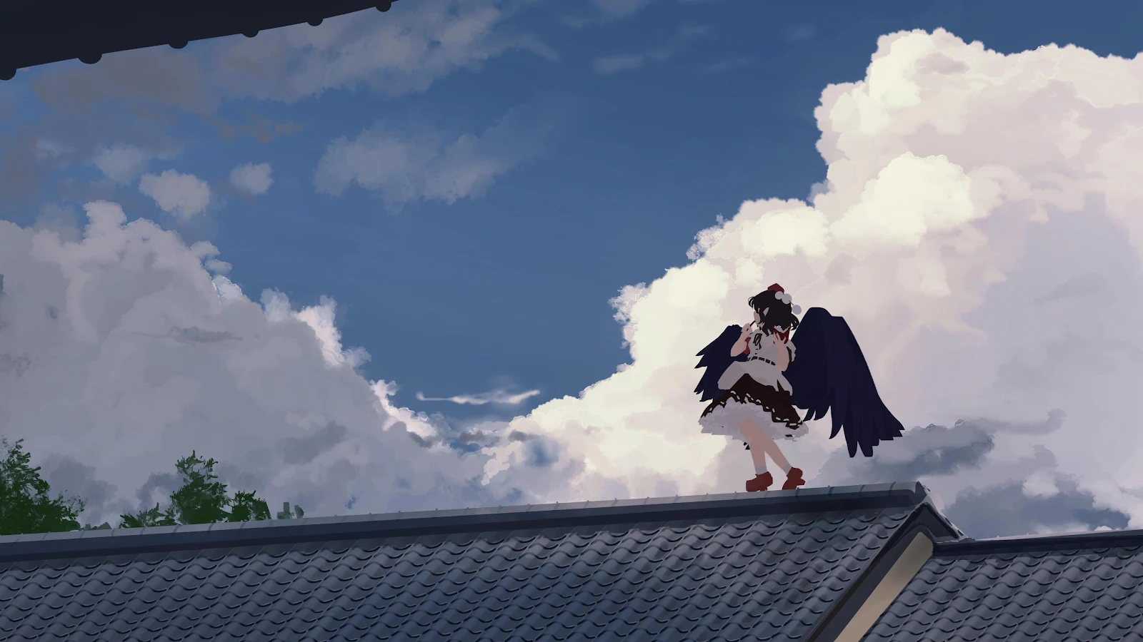 Aya Shameimaru Under Bright Clouds - Anime Digital Painting 4K Wallpaper (3840x2160)