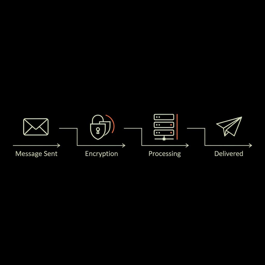 Minimalist full-frame vector infographic showing an untraceable message flow: message sent → encryption → server with thin log indicator → delivery on black background