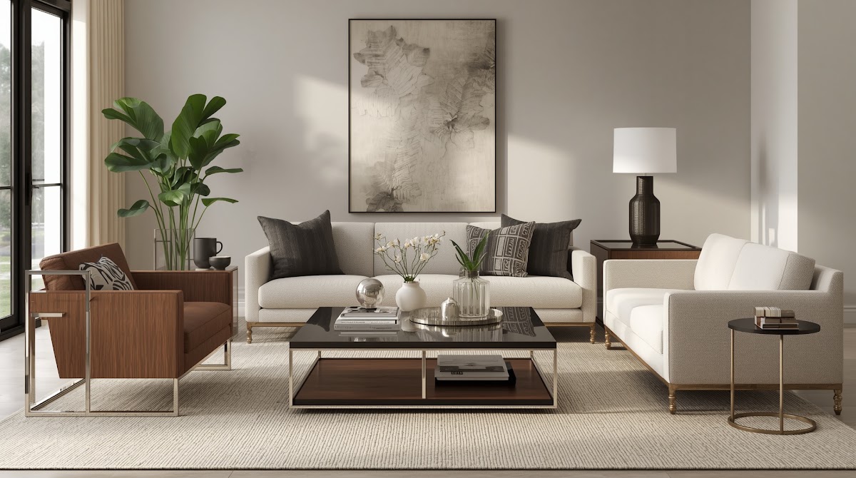 How to Balance Chrome and Walnut for a Warm Modern Living Room - chrome side table beside walnut furniture in a living room