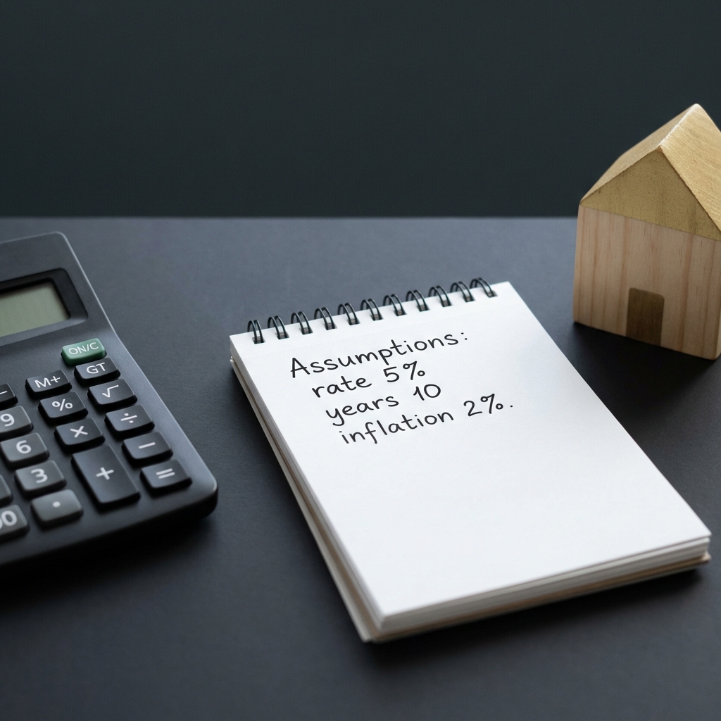 Close up of calculator and notebook showing assumptions rate years inflation with small toy house on desk illustrating how to get into real estate investing in a minimalist Finance Police style