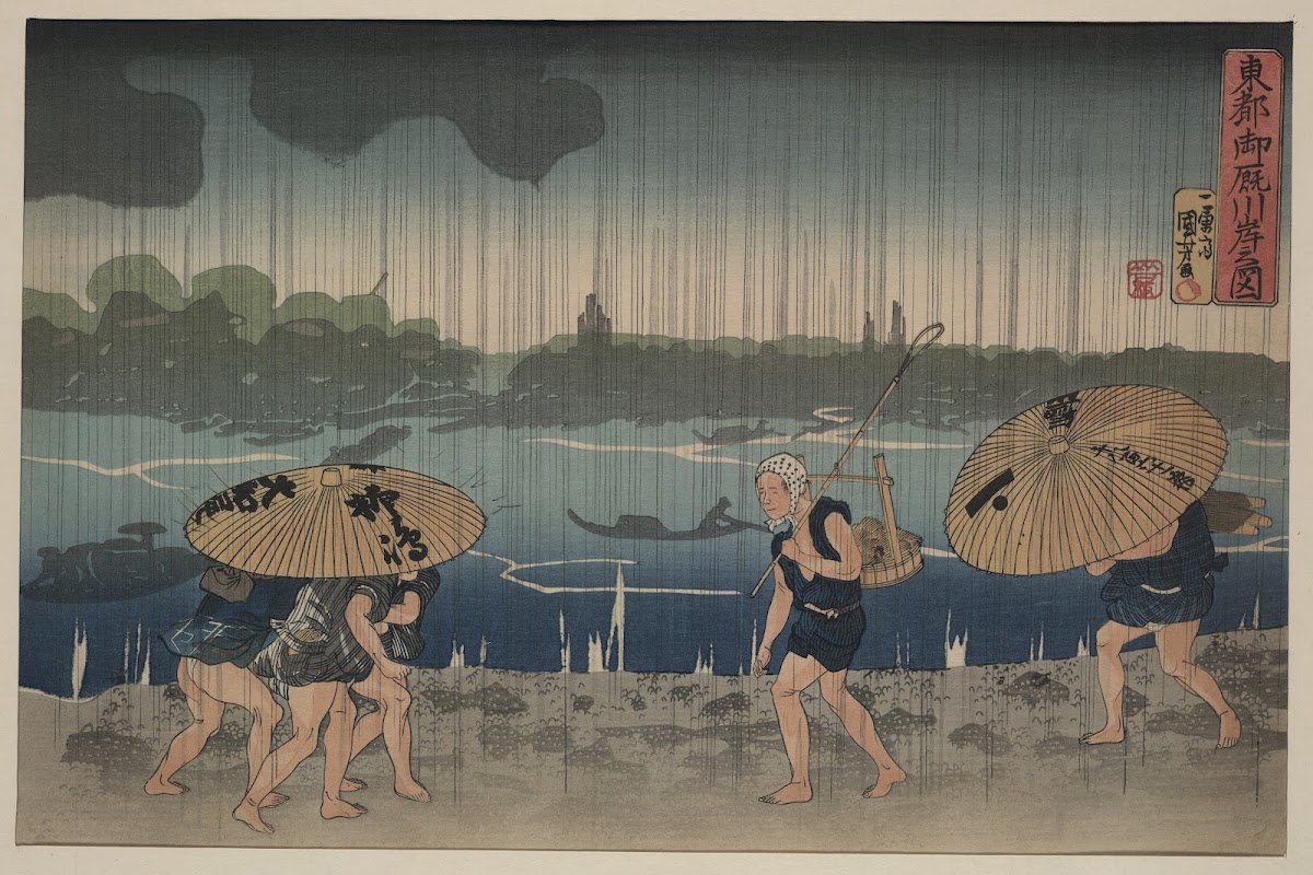 People walking beneath umbrellas along the seashore during a rainstorm 1890