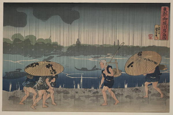 People walking beneath umbrellas along the seashore during a rainstorm 1890