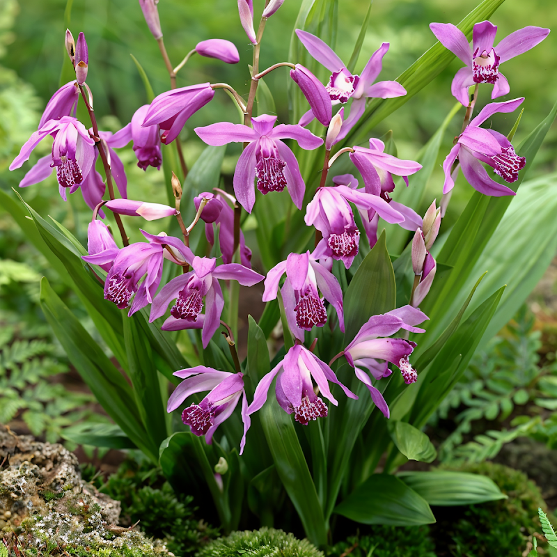 Bletilla striata in piena fioritura, fiori rosa-porpora striati