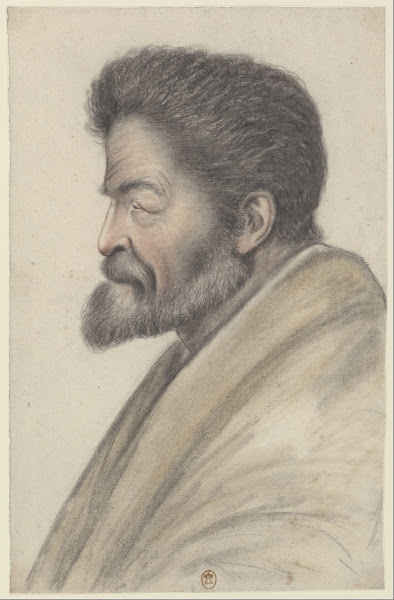 Homme à la barbe courte et aux cheveux courts et raides vu de profil à gauche