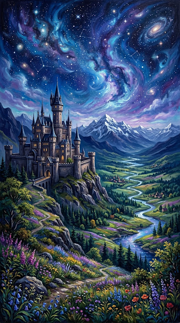 Fantasy Painting Of A Castle In A Mountain Valley Under A Starry Sky - Free mobile Wallpaper