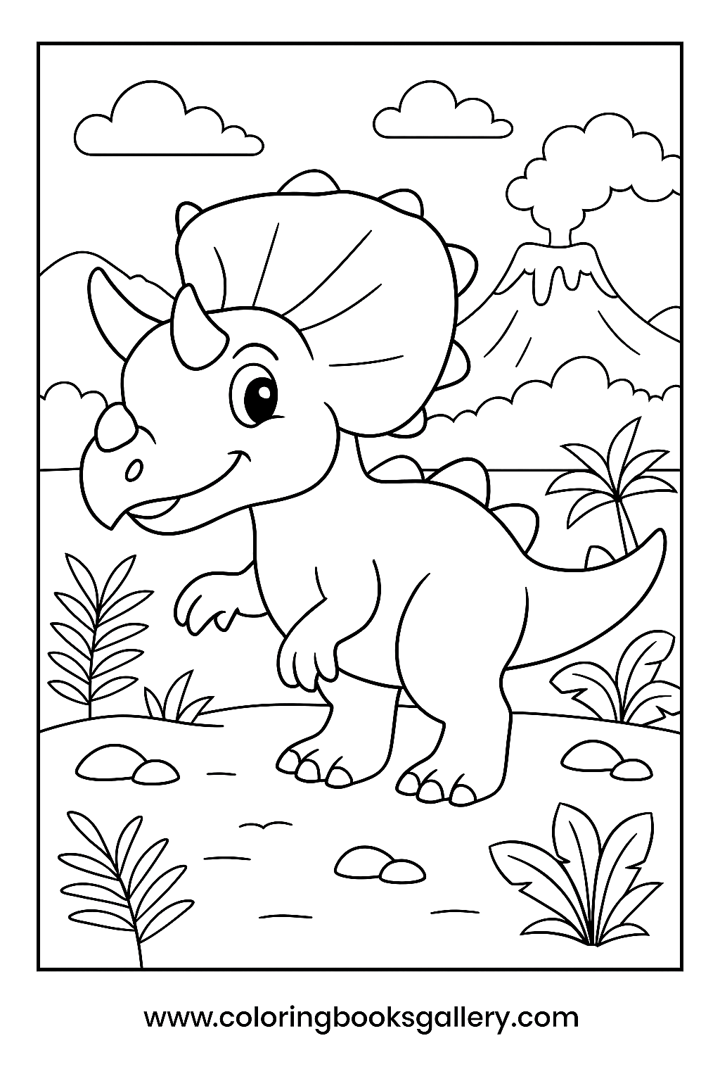 Easy Torosaurus Under The Volcano Sky Coloring Page For Kids – free coloring page for kids
