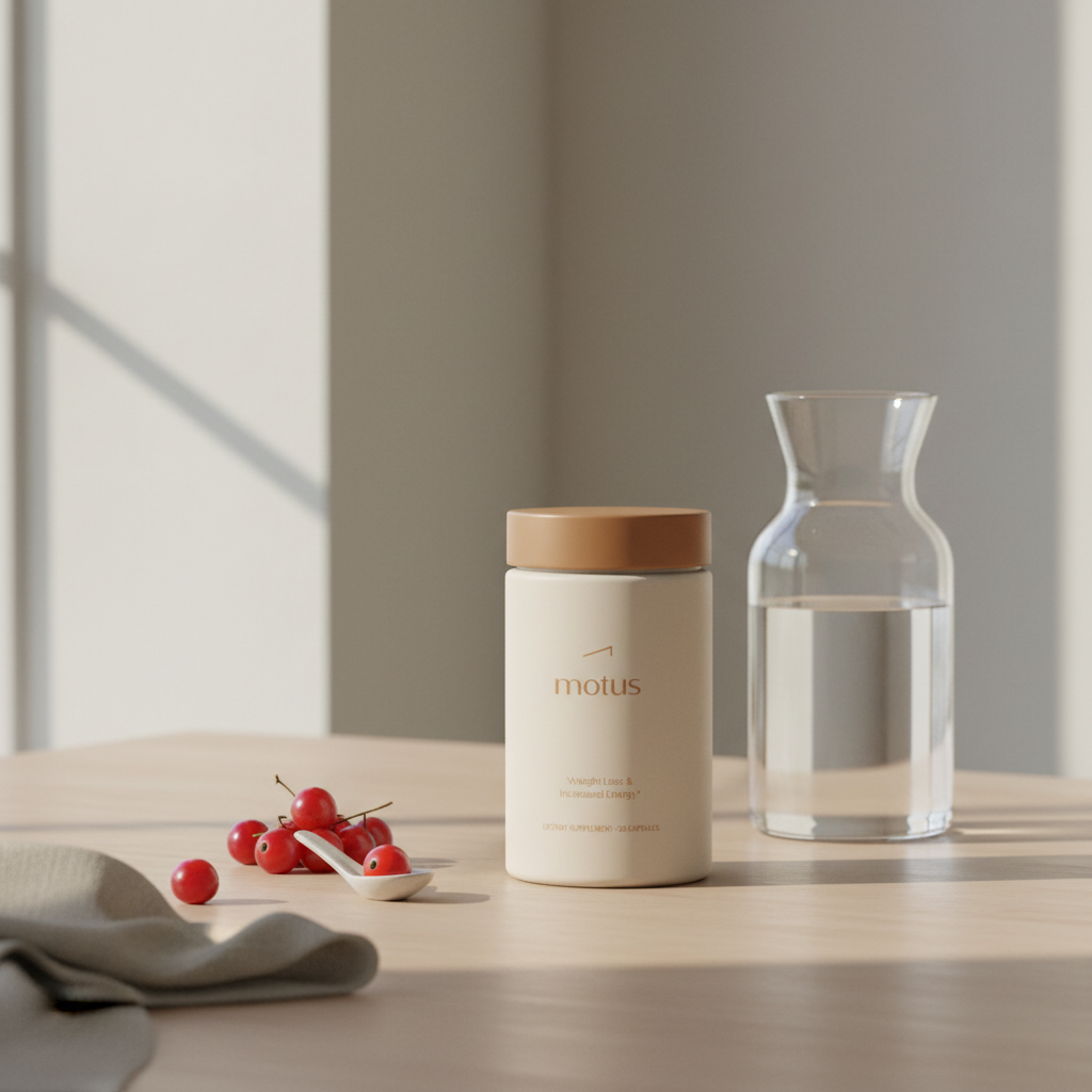 Motus supplement bottle on neutral wood with berries, glass carafe and towel in a minimalist scene highlighting the best chromium supplement for weight loss