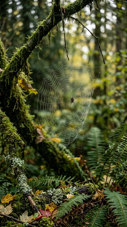 Dew-Covered Spiderweb with Spider in Forest