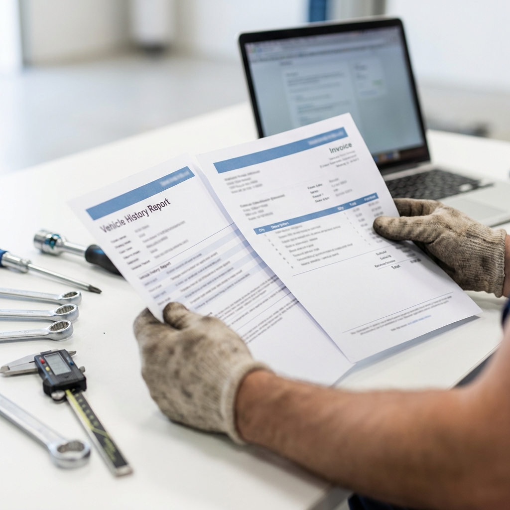 Mechanic hands comparing vehicle history report and service invoice on white workbench with blurred tools and laptop vw car dealer near me