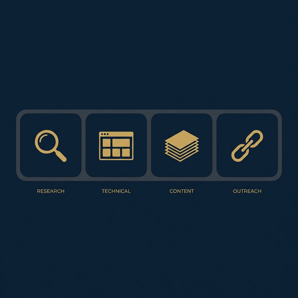 Minimal 2D vector 30 day action plan infographic for basic search engine optimization split into four weekly icon panels on dark navy Orvus Ltd style background