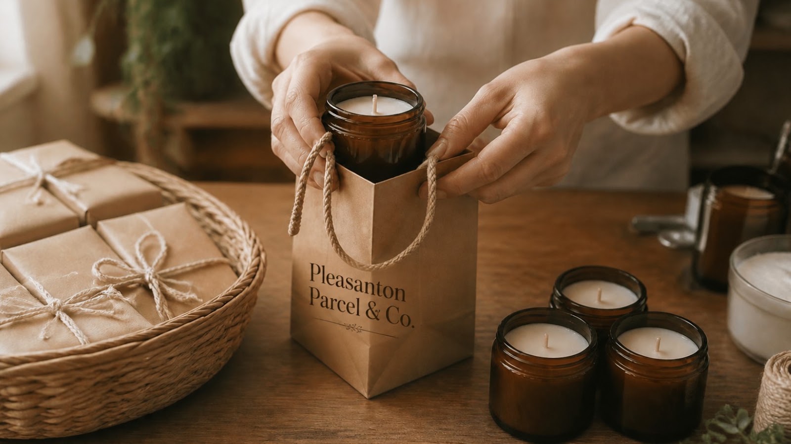A maker's hands placing a handmade candle into a kraft gift bag, with wrapped orders ready to drop off