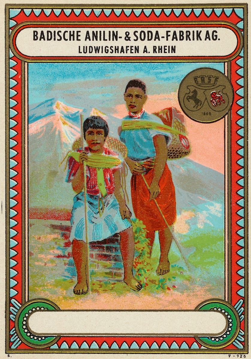 Badische Anilin  Soda Fabrik dye label with figures in a mountainous landscape C