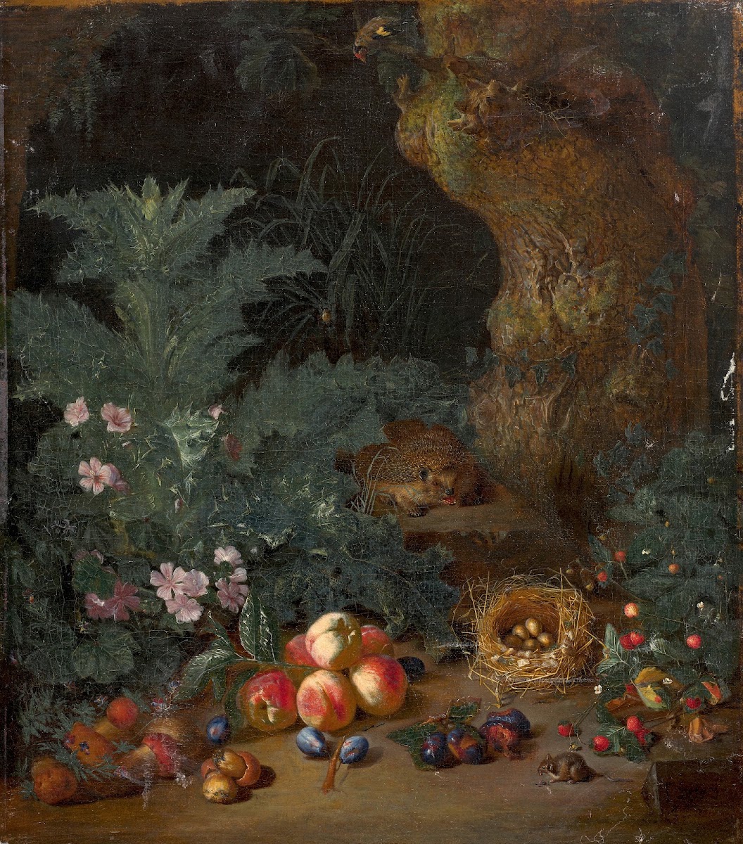 Scène de sous bois nocturne au hérisson aux fruits et au nid doiseaux