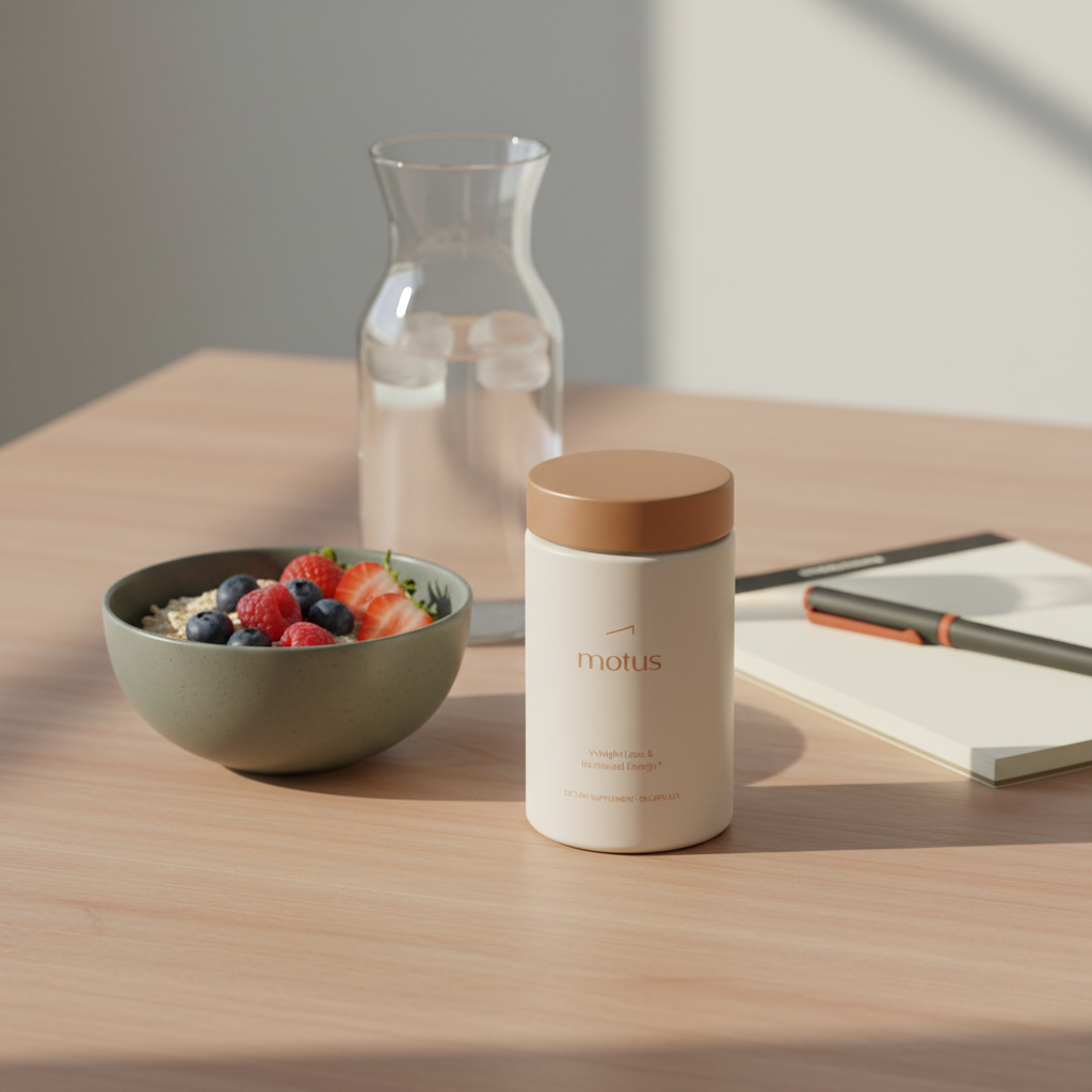 Minimal breakfast scene with Tonum Motus jar beside bowl of oats and berries, carafe of water and notepad — promoting probiotics for belly fat and weight loss.