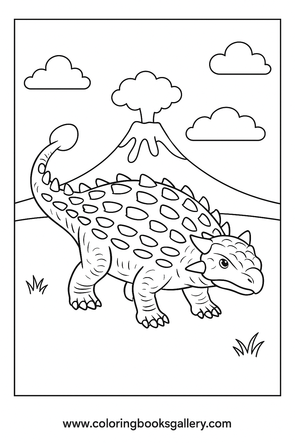Coloring Fun with a Realistic Ankylosaurus Under the Volcano Sky – free coloring page for kids