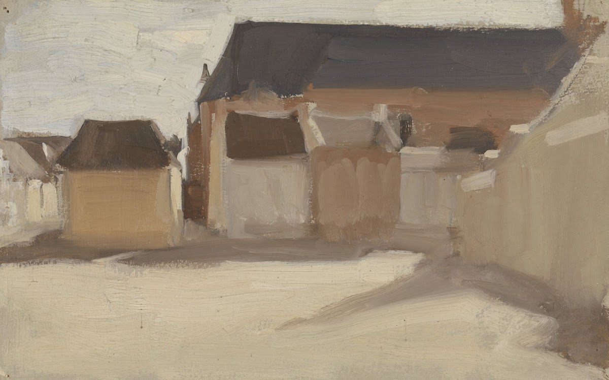 Studie van een dorpspleintje met gebouwen 1882   1883