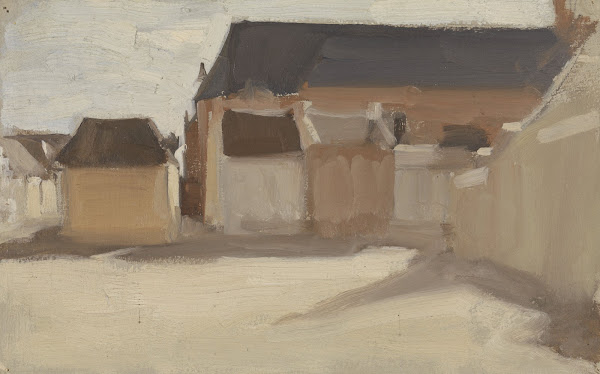 Studie van een dorpspleintje met gebouwen 1882   1883