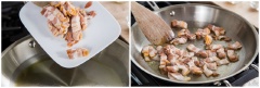 Đun nóng chảo với dầu ăn, thả thịt xông khói vào chiên. Thêm tỏi xắt lát vào đảo đều. Cho hết nấm mỡ, nấm hương, nấm linh chi vào xào cùng thịt xông khói. Thêm vào 1 muỗng bơ lạt, 1/2 muỗng tiêu, 2 muỗng bột mì và đảo thật đều.