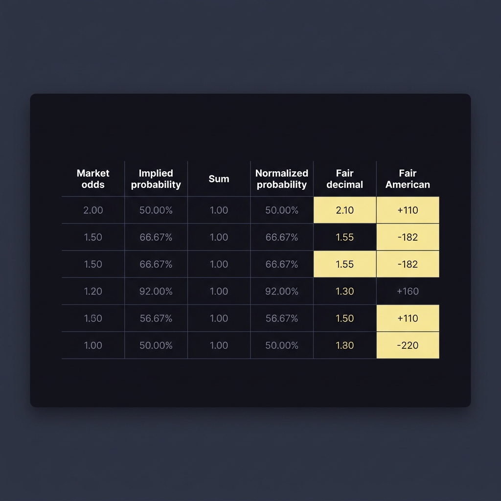 Minimalist spreadsheet mockup showing columns Market odds Implied probability Sum Normalized probability Fair decimal Fair American for a no vig odds calculator in Funded Plays brand colors