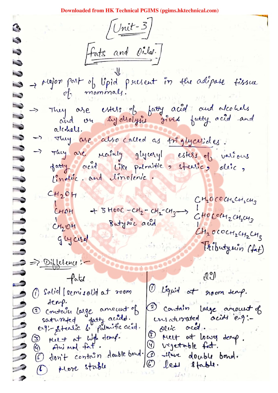 fat and oil organic chemistry unit-3 3rd Semester B.Pharmacy ,BP301T Pharmaceutical Organic Chemistry II,BPharmacy,Handwritten Notes,BPharm 3rd Semester,Important Exam Notes,