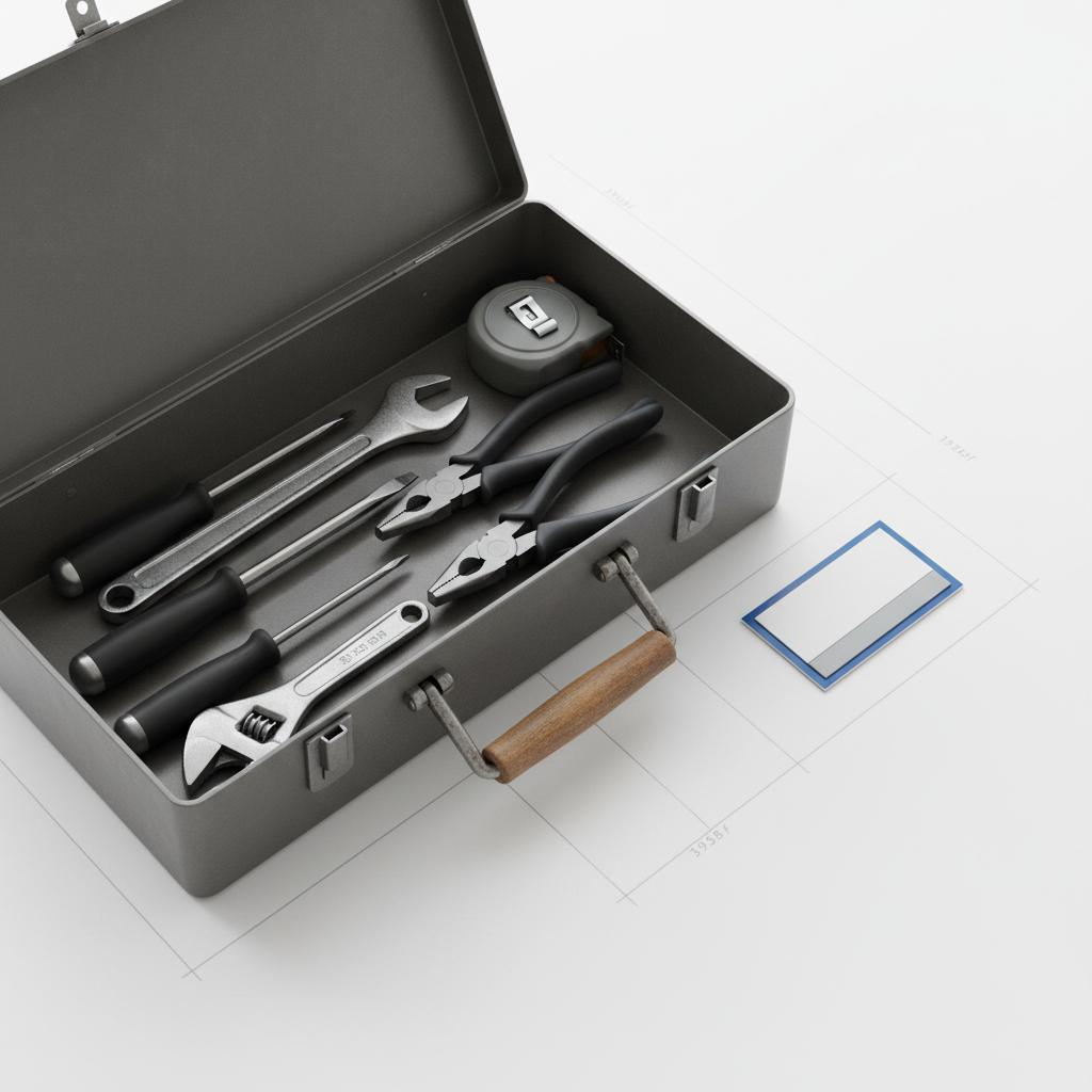Minimalist top-down view of a handyman's toolbox and tools on white background with #1a5bfb accented card and magnetic sign, representing handyman services